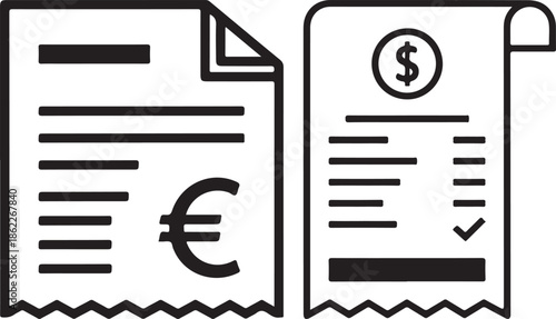 Two documents with euro and dollar symbols on transparent background
