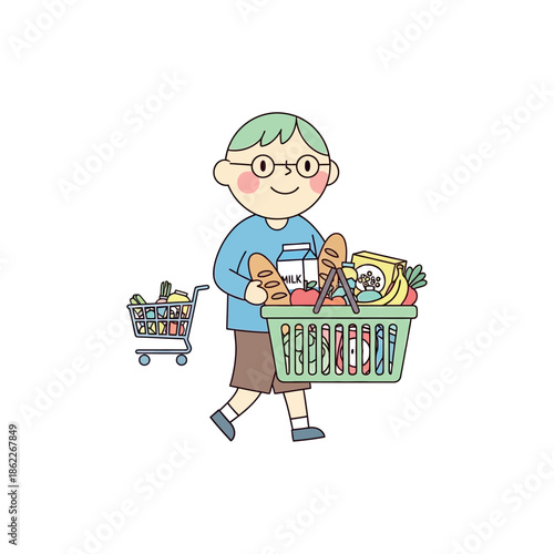 A young boy happily carries groceries in a basket and a shopping cart.