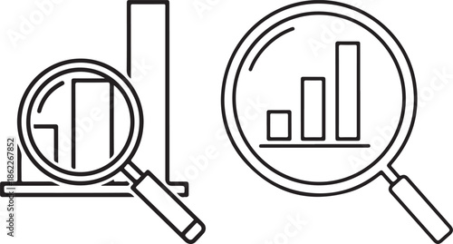 Magnifying glass on bar charts for data analysis and research