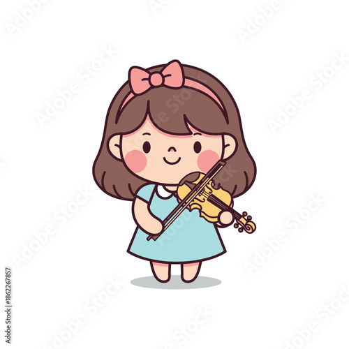 A cartoon girl in a blue dress plays a violin with a pink bow in her hair.