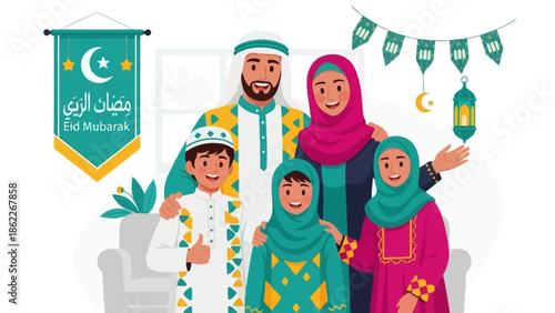 Happy Muslim Family Celebrating Eid Mubarak With Festive Decorations