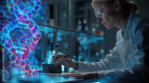 DNA Sequence Analysis Scientist Woman Lab Research Genetic Engineering Biotechnology Medical Science Healthcare Innovation Technology Data Visualization Genome Sequencing Future Medicine Diagnostics