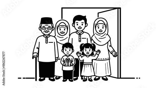 Happy Muslim Family Gathering Portrait, Multigenerational People, Islamic Culture