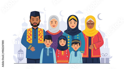 Happy Muslim Family Portrait - Multi-Generational, Diverse, Festive