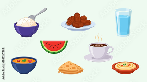 Healthy Food Assortment: Rice, Dates, Watermelon, Soup, Pancake, Hummus, Coffee & Water