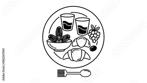 Healthy breakfast: croissants, dates, grapes, olives, and coffee in glasses.