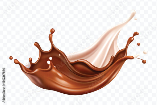 realistic 3d dynamic splash of  chocolate with milk in curve style isolated on transparent background	
