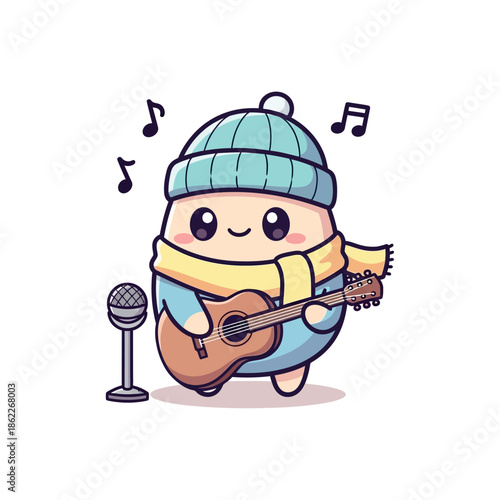 A cartoon character in a hat sings and plays guitar by a microphone.