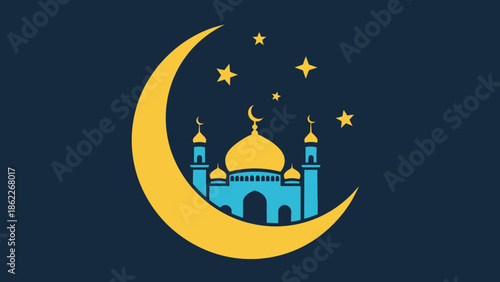 Islamic Crescent Moon and Mosque Silhouette with Stars, Ramadan Kareem Illustration