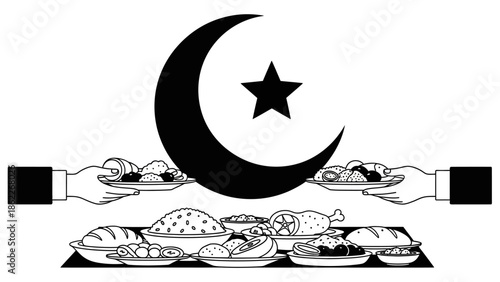 Islamic crescent moon and star symbol above a feast of food