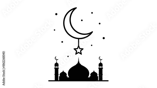 Islamic Crescent Moon and Star with Mosque Silhouette - Ramadan Kareem Decoration
