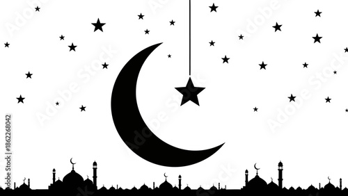 Islamic Crescent Moon and Stars Silhouette with Mosque Skyline