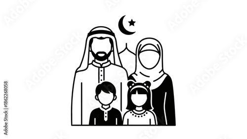 Islamic family illustration: Muslim parents with children, crescent moon and mosque symbol