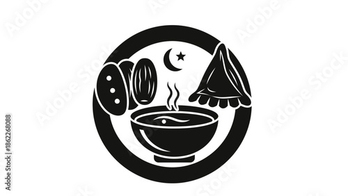 Islamic Iftar Meal Icon: Dates, Soup, Samosa, Crescent Moon and Star