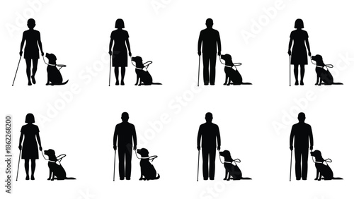 A collection of silhouettes depicts people with disabilities accompanied by guide dogs showcasing accessibility and partnership