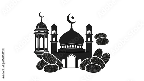 Islamic Mosque Silhouette with Dates and Lantern, Ramadan Symbols