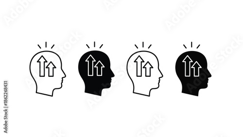 Four stylized head silhouettes depicting upward arrows showcasing a progression of thought or increasing ideas and concepts