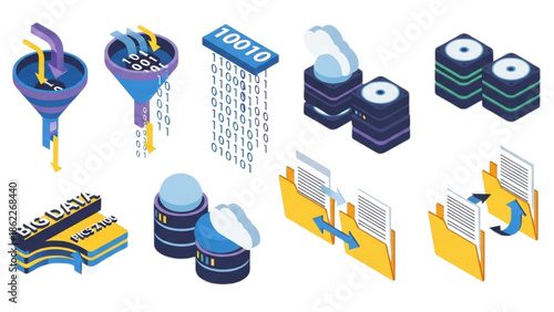 Isometric concept set digital data management, processing, storage, analytics, and secure information transfer operations