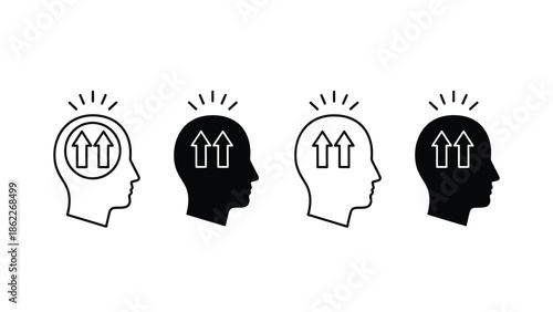 Four head silhouettes depicting upward arrows within showcasing concept of thought ideas and positive mental growth in monochrome style