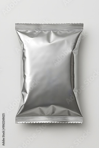 Blank Silver Foil Snack Bag Mockup for Food Packaging Branding - Metallic Aluminum Pouch Template for Potato Chips, Coffee, Candy, and Plastic Sachet Design Pack