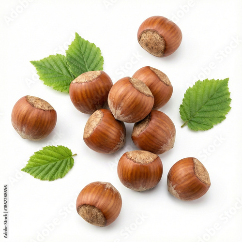 ten whole hazelnuts in shell interspersed with three small green hazelnut leaves