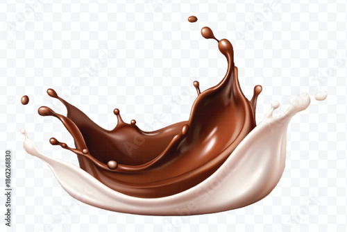 realistic 3d dynamic splash of  chocolate with milk in curve style isolated on transparent background	
