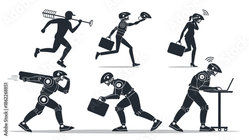 Futuristic robotic workers in various dynamic business poses