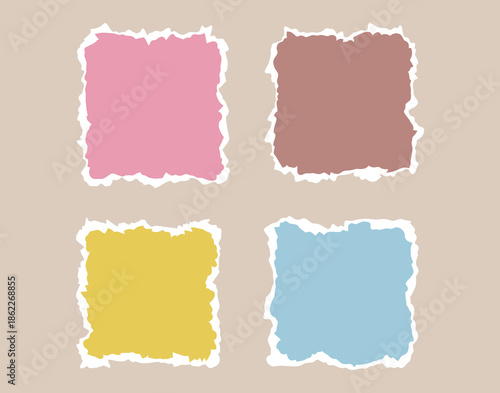 Torn piece of paper isolated square shape. Piece of paper with a torn edge. Cute colors geometric shape with a white torn edge.