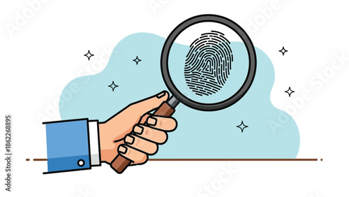 A hand holding a magnifying glass over a fingerprint symbolizing investigation and the search for evidence or identity