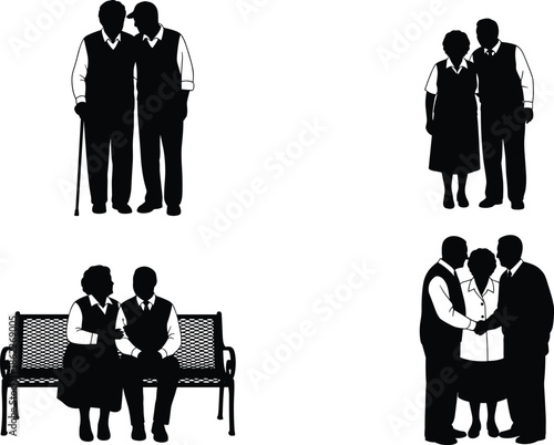 Senior couple silhouette illustration set showing elderly love companionship family moments vector art for healthcare retirement lifestyle concepts design icons