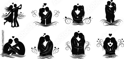 Romantic couple silhouette collection illustration set showing love hugs kisses hearts decorative elements vector art for Valentine romance designs