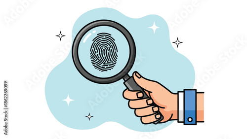 A hand holding a magnifying glass over a fingerprint with sparkling details suggesting investigation and scrutiny