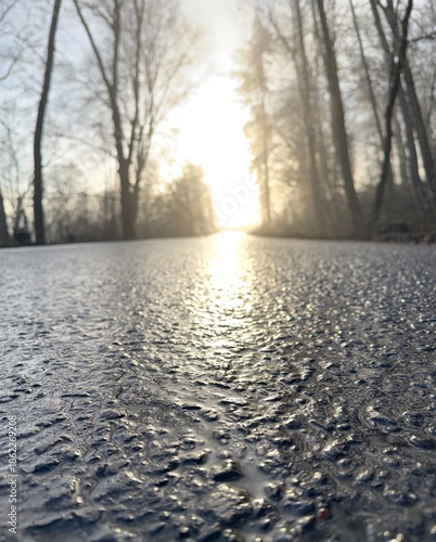 sunrise on a road , shot close from the asphalt level