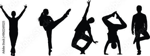 Dynamic dance silhouettes set showing modern hip hop ballet breakdance poses isolated black vector illustration on white background for designers