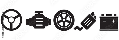Collection of car parts icons for automobile repair and maintenance. Vector illustration of engine, brake,
 tire, and battery symbols for auto service garage isolated on white background.