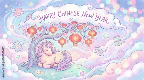 Dreamy Chinese New Year Greeting Card with a Magical Pony Sleeping Under a Lantern Tree. Kawaii Fantasy Illustration in Pastel Colors.