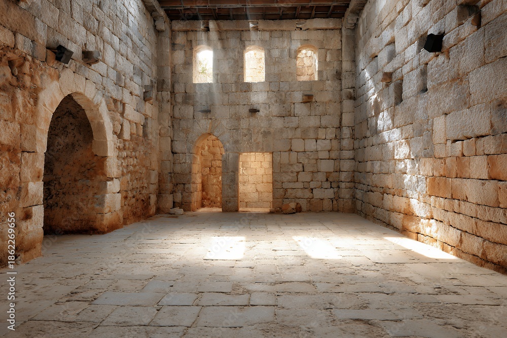 Fototapeta premium Ancient stone fort interior with sunlight streaming through windows