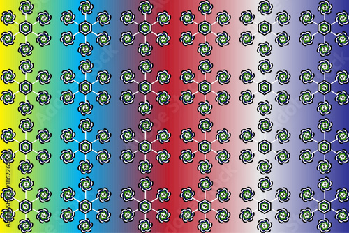 Repeating pattern of pixelated figures over a vibrant color gradient