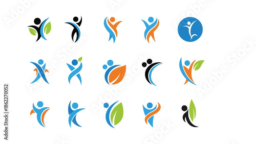 A collection of vibrant and dynamic vector icons depicting people in joyful poses and leaf motifs representing growth