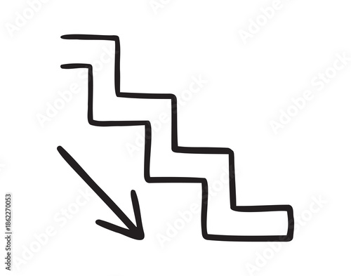 stairs down with arrow icon doodle hand drawn. Outline line drawing clipart symbol