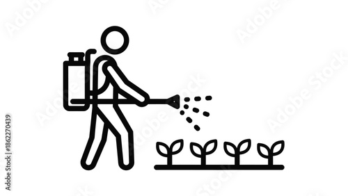 A simple line drawing depicts a person using a sprayer to apply liquid to a row of small plants