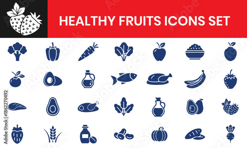 Healthy Fruits Icons Set Natural Meal Components Fresh