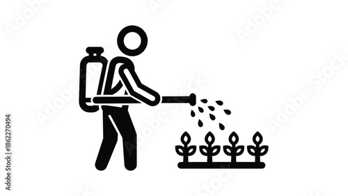 A simple black and white illustration depicts a person using a sprayer to nourish a row of small plants