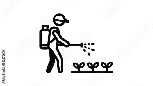 A simple black and white line drawing depicts a person spraying plants with a visible tank on their back suggesting pest