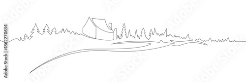 Rural landscape continuous one line vector drawing. Hill , hut trees, 