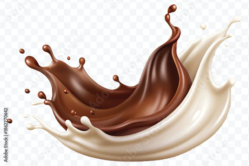 realistic 3d dynamic splash of  chocolate with milk in curve style isolated on transparent background	
