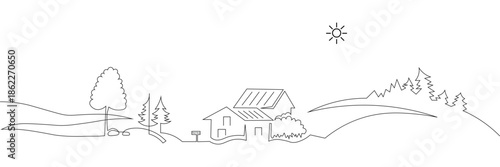 Rural landscape continuous one line vector drawing. Hill , hut trees, 