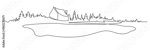 Rural landscape continuous one line vector drawing. Hill , hut trees, 