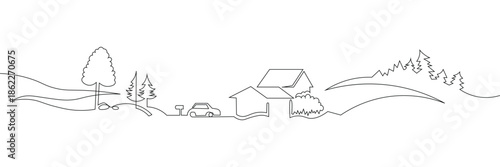 Rural landscape continuous one line vector drawing. Hill , hut, trees, 