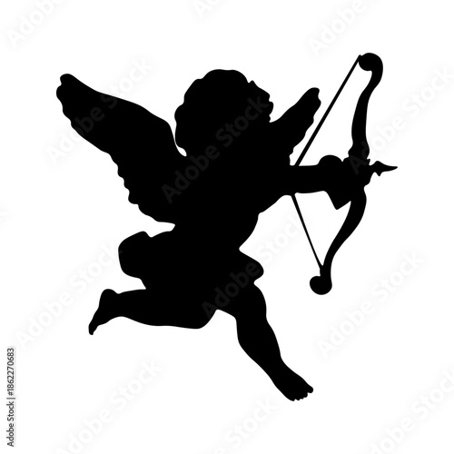 Dynamic flying cupid silhouette holding bow, isolated on transparent background. Romantic angel symbol for Valentine’s Day, wedding and love-related projects.